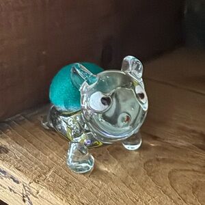 Vintage Glass Animal Figurine Pin Cushion with Green and Yellow Accents